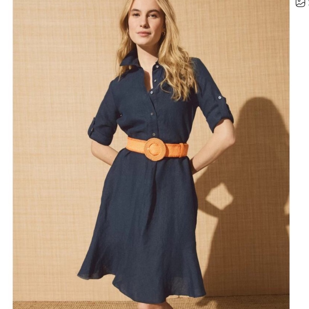 J. McLaughlin Wellesley Linen Dress Navy Blue Preppy Casual Size XS
